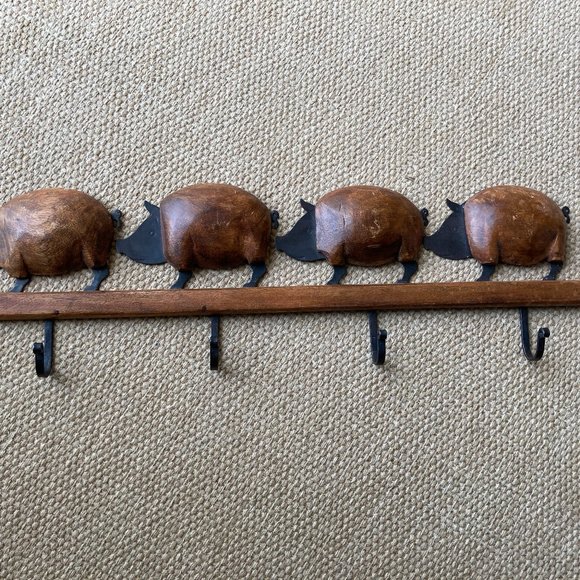 Vintage Folk Art Pig Wood Metal Wall Hooks